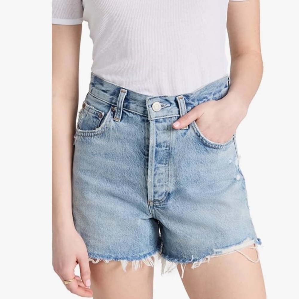 Agolde Light Blue Distressed Denim Jean Shorts - Picture 3 of 10